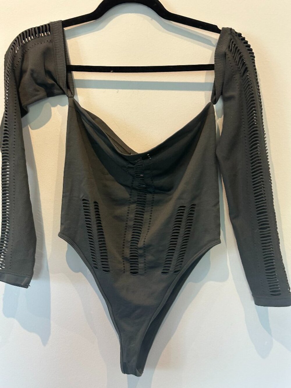 ZARA Grey Seamless Cut-Out Long Sleeve Off-Shoulder Bodysuit